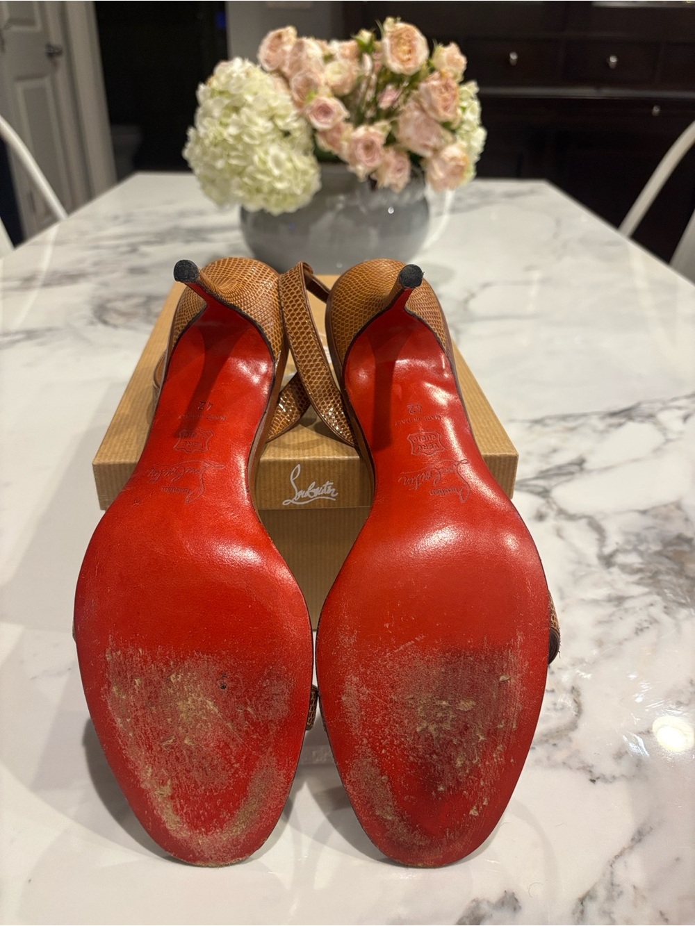 Christian Louboutin Brown Textured Strap Leather Slingback Heels - Picture 5 of 6